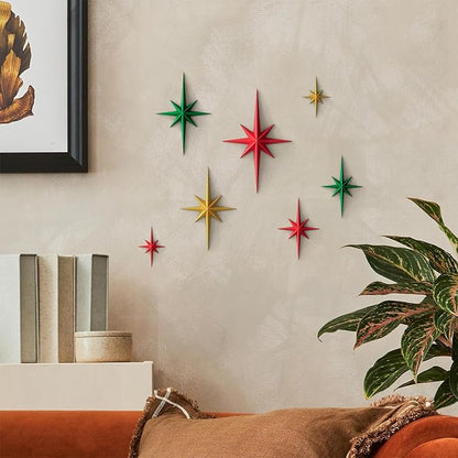 MidModArt 7PCS Mid Century Modern 3D Star Wall Art Gold Retro Starburst Sculptures Vintage Celestial Home Decor, Colored Starburst