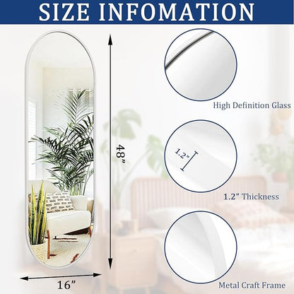Oval Bathroom Mirror 48 x 16 Inch, Large White Full Length Mirror, Oval Pill Shaped Vanity Mirror Metal Framed Aluminum Frame Decor Vanity Living Room Entryway