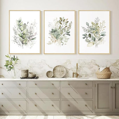 Joocrise Watercolor Botanical Wall Art Set of 3 Boho Floral Canvas Wall Decor Prints Sage Green Wildflower Wall Art Modern Flower Pictures Botanical Painting for Bedroom Bathroom 16x24 Inch Framed