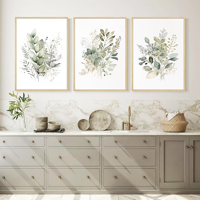 Watercolor Botanical Wall Art Set of 3 Boho Floral Canvas Wall Decor Prints Sage Green Wildflower Wall Art Modern Flower Pictures Botanical Painting for Bedroom Bathroom 12x16 Inch Framed