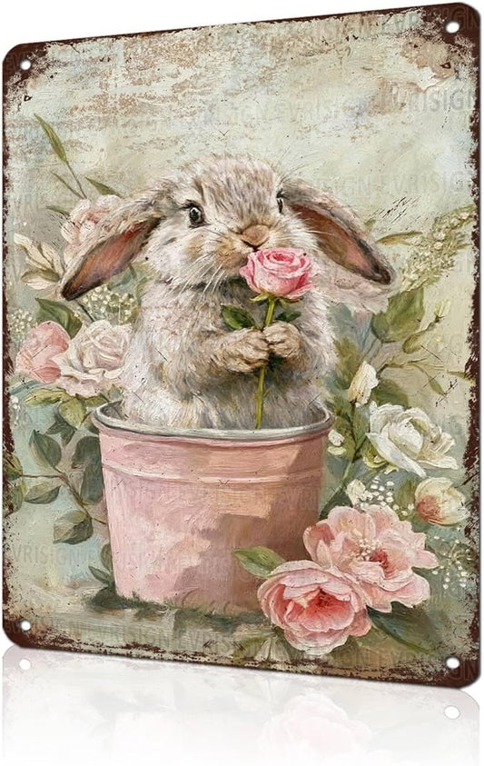 Easter Vintage Rabbit Metal Sign Rustic Farmhouse Wall Art For Home Office Garage Dining Room Indoor Outdoor Decor 12x16Inch