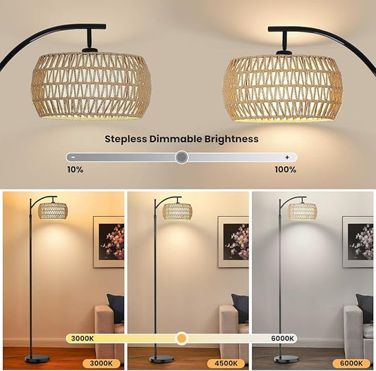 Yusist Arc Floor Lamp for Living Room,Farmhouse Floor Lamps with Remote Control & Dimmable Bulb, Boho Rattan Tall Standing Lamp for Bedroom Office