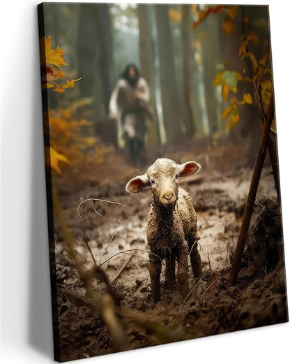 Jesus and Lamb Canvas Wall Art Jesus Running After Lost Sheep Wall Decor Christian Baptism gifts Lamb of God Painting Poster Print Artwork for Living Room Bedroom Church Decor 24X36 in canvas