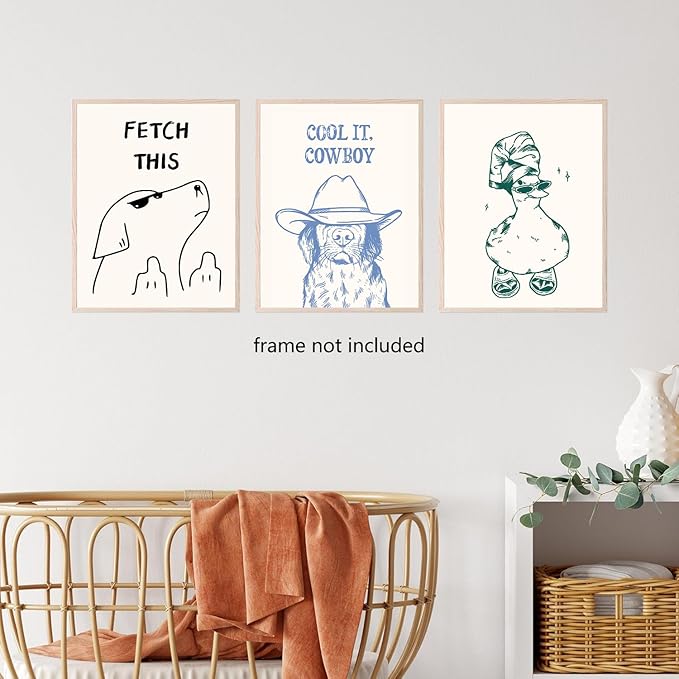 Funny Animal Bathroom Wall Art Set of 3, Cute Funky Dog and Duck Canvas Prints Posters, Simple Fashion Modern Farmhouse Animals Picture for Kids Room Dorm Living Room Wall Decor 12x16 Inch Unframed