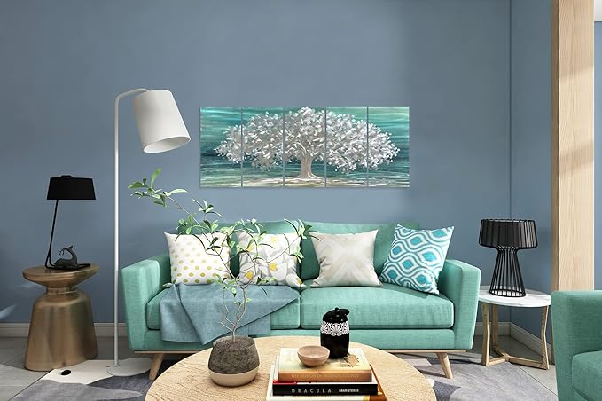 Yihui Arts Tree Of Life Metal Wall Art Handcrafted Aluminum Artwork Teal and Silver Abstract Nature Pictures in 5 Pieces for Living Room Bedroom Bathroom Decor