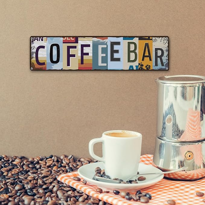 Coffee Bar Sign for Coffee Bar Decor, Retro Tin Metal Sign, Rustic Farmhouse Wall Decors, Wall Decorations, Vintage Home Decor for Kitchen, Coffees Corner Station Decors, 15.8x4 Inches
