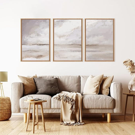 Large Neutral Abstract Framed Canvas Wall Art Set,Minimalist Gray and Beige Pastel Wall Decor,Modern Nature Misty Textured Art Painting for Living Room,Bedroom-16 x24 x3