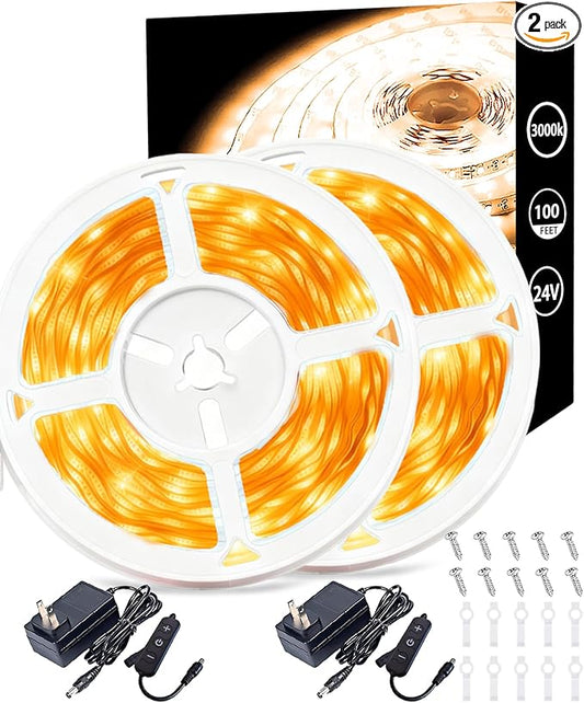 2 Set 50 FT Warm White Led Strip Lights for Bedroom Dimmable 100 FT 1800 LEDs Rope Light Flexible Super Bright White Tape Lights for Ceiling Room Home Decor Luces LEDs