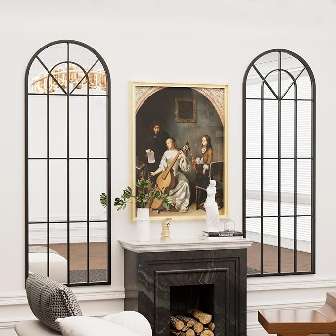 22"x 65" Arched Full Length Window Wall Mirror, Metal Framed, Arched-Top, Farmhouse Rustic Decorative Windowpane Mirror - Black