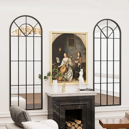 22"x 65" Arched Full Length Window Wall Mirror, Metal Framed, Arched-Top, Farmhouse Rustic Decorative Windowpane Mirror - Black