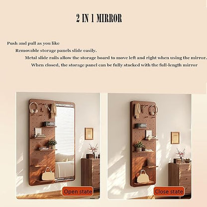 Full Length Mirror with Shelf and Hooks,Hide Wall Mounted Mirror,Sliding Pegboard Wood Mirror, for Entryway, Living Room,Bedroom,Dressingroom, Decor (Natural Wood Color)