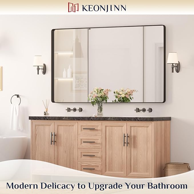Keonjinn Black Bathroom Mirrors for Over Sink, 60 x 36 Inch Large Matte Black Mirror for Vanity, Rounded Rectangle Sandblasted Finish Farmhouse Mirror, HD Tempered Glass Modern Decorative Mirror