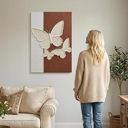 JUHOME Abstract Butterfly Canvas Wall Art,24x36 Inch Hand-Painted Textured Vertical Oil Painting,Minimalist White Butterfly Artwork for Living Room Bedroom Office, Large Original Wall Decor on Canvas