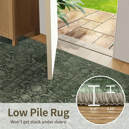 Rugxara 3x5 Rug for Entryway Bedroom, Green 3x5 Washable Area Rug, Vintage Retro Boho Throw Rug, Non Slip & Low Pile Small Carpet for Indoor Entry, Kitchen, Bedside, Living Room, Bathroom and Dining
