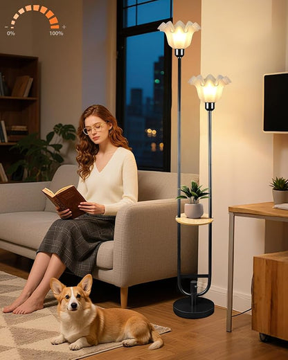 Dimmable Flower Floor Lamps with Table, 2-Lights Floral Floor Lamp, 3000K Warmwhite Modern Floor Lamp, Vintage Black Standing Lamp with 5Lbs Heavy Base for Living Room Bedroom