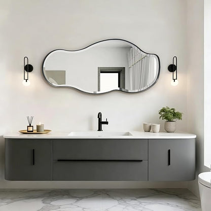 POZINO Irregular Beveled Mirror, 40"x18" Premium Bathroom Vanity Mirror with Metal Frame, Asymmetrical Organic Shaped Wall Mirrors for Living Room Bedroom Hallway Entryway, Horizontal/Vertical Hanging