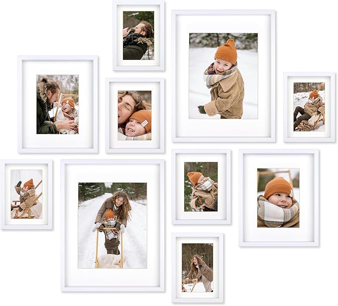 10 Piece Shadow Box Style Gallery Wall Frame Set – Deep Photo Frame Set with Mat for 8x10, 5x7 and 4x6 - Multiple Sizes Picture Frame Set for Wall Collage – Assorted Picture Frames for Wall (White)