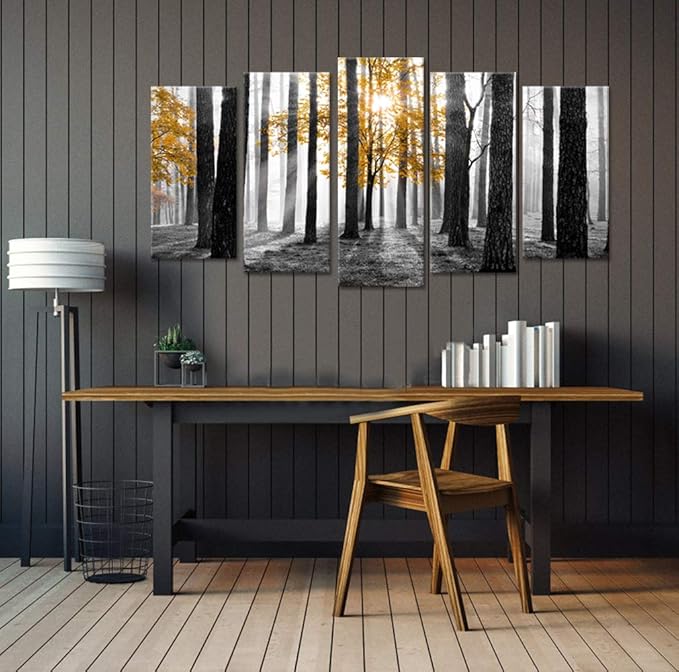 Visual Art Decor Large 5 Pieces Forest Landscape Wall Art Yellow and Gray Forest Wall Art Sunshine Foggy Forest Picture Framed Artwork Ready to Hang, 60inchx32inch