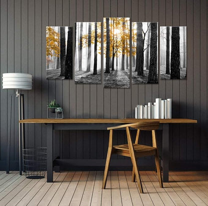 Visual Art Decor Large 5 Pieces Forest Landscape Wall Art Yellow and Gray Forest Wall Art Sunshine Foggy Forest Picture Framed Artwork Ready to Hang, 60inchx32inch