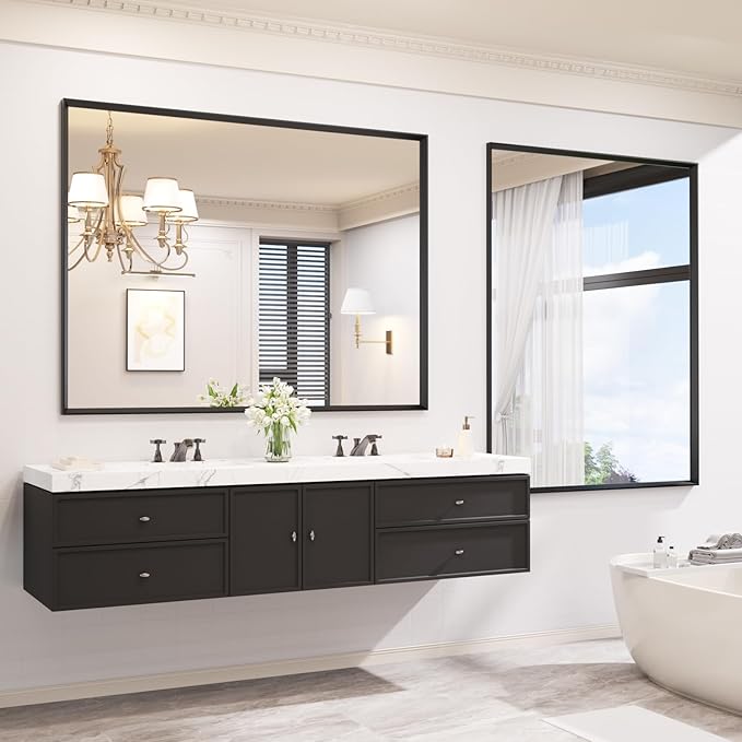 JISOSO Bathroom Vanity Mirror 48x36 Inch, Matte Black Rectangle Bathroom Mirror, Anti-Rust, 4MM Tempered Glass, Wall-Mounted Mirror, Hangs Horizontally or Vertically for Bathroom & Bedroom