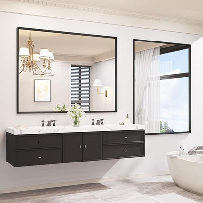 JISOSO Bathroom Vanity Mirror 48x36 Inch, Matte Black Rectangle Bathroom Mirror, Anti-Rust, 4MM Tempered Glass, Wall-Mounted Mirror, Hangs Horizontally or Vertically for Bathroom & Bedroom
