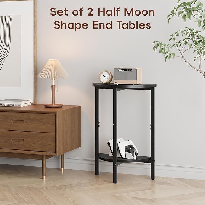 Vagusicc Side Table, Small End Table, Set of 2 Half Round Side Table for Living Room, 2 Tier Couch Side Tables, Small Round Coffee Table, Thin Accent Sofa Table Narrow Entryway Table, Black