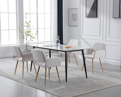 KCC Small Modern Dining Room Arm Chairs Set of 4, Mid-Century Upholstered Velvet Side Seat Club Guest with Metal Tube Legs for Kitchen, Living Room, Beige