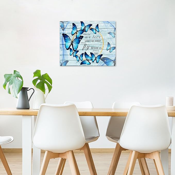 LB Farmhouse Blue Butterfly Wall Art Rustic Wood Board Inspirational Quote Canvas Wall Art Modern Aesthetic Wall Decor for Bedroom Living Room Bathroom Framed Ready to Hang 12L x 12W
