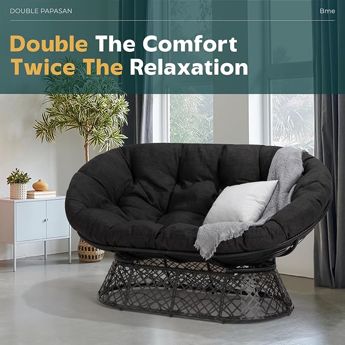 Bme Double Papasan Chair, 600lbs Capacity, Ergonomic Design, Soft Thick Fabric Cushion, Bee-Designed Base, Durable Steel Frame, 61", Onyx Stone - Black Base