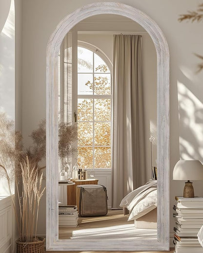 Full Length Mirror, 76"x34" Wooden Mirror Full Length with Stand Wood Floor Mirror, Oversized Stand Up Mirrors Large Wall Mirrors, Wall Mounted Mirrors, Arched Wood Style, White