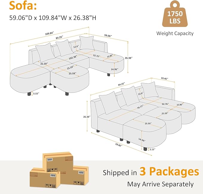 VANOMi 109.84" Modular Sectional Sofa with 3 Pillows, Convertible 5-Seater Comfy Boucle Cloud Couch with Ottoman, Modern Sectional Sofas for Living Room, Office, Apartment (Dark Gray)
