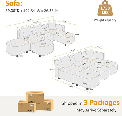 VANOMi 109.84" Modular Sectional Sofa with 3 Pillows, Convertible 5-Seater Comfy Boucle Cloud Couch with Ottoman, Modern Sectional Sofas for Living Room, Office, Apartment (Camel)
