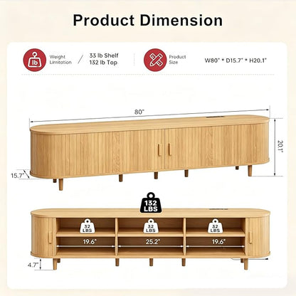 80" Mid Century Modern TV Stand, Wood TV Consoles with Sliding Doors and Power Outlet, Entertainment Center with Adjustable Shelves, Fluted TV Stands for Living Room, Oak