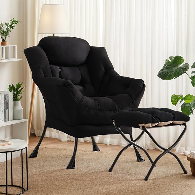 Lazy Chair with Ottoman, Large Black Accent Chair with Ottoman, Comfy Reading Armchair, Leisure Sofa Chair for Living Room, Bedroom, Dorm Room, Office