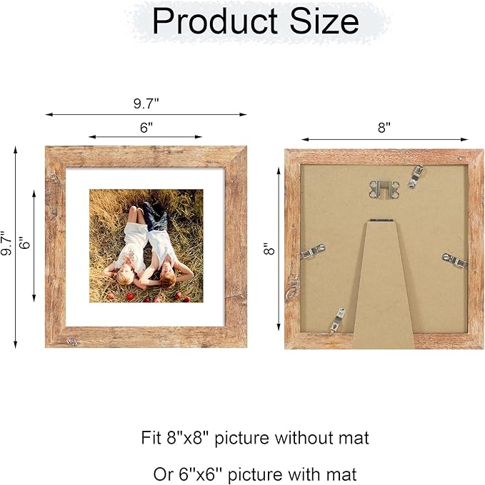 iRahmen 8x8 Picture Frame with Mat 6x6 - High Definition Real Glass Wooden Photo Frames for Tabletop Display and Wall Mounting (Rustic Brown, Set of 2)