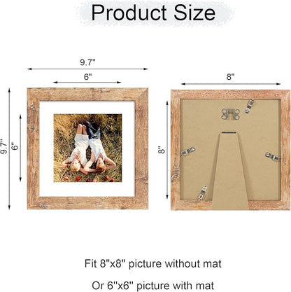 iRahmen 8x8 Picture Frame with Mat 6x6 - High Definition Real Glass Wooden Photo Frames for Tabletop Display and Wall Mounting (Rustic Brown, Set of 2)