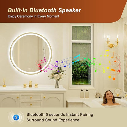 30 Inch Round Gold Framed LED Bathroom Mirror with Lights, Built-in Bluetooth Speaker,Tempered Glass,Dimmable Lighted Bathroom Vanity Mirror with 3 Colors, Backlit + Frontlit, Memory, Anti-Fog