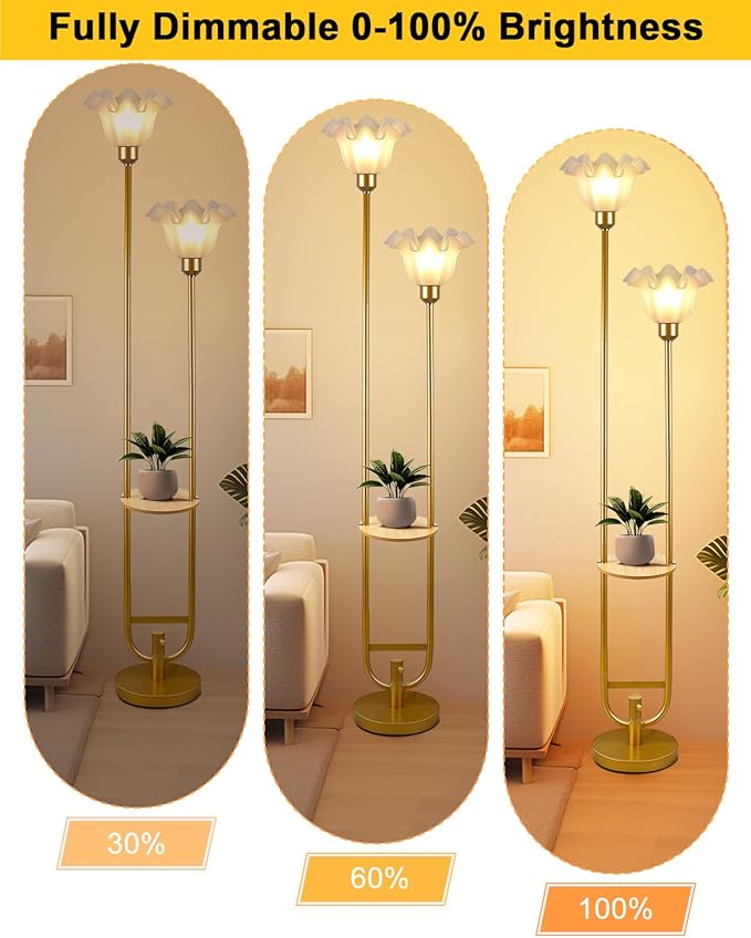 Dimmable Flower Floor Lamps with Table, 2-Lights Dimmable Floral Floor Lamp, 3000K Warmwhite Modern Floor Lamp, Vintage Gold Standing Lamp with 5Lbs Heavy Base for Living Room Bedroom