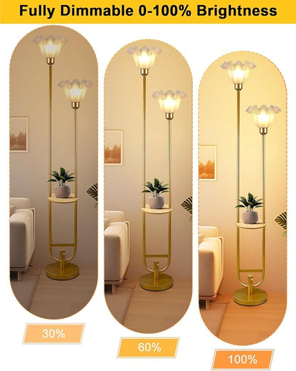 Dimmable Flower Floor Lamps with Table, 2-Lights Dimmable Floral Floor Lamp, 3000K Warmwhite Modern Floor Lamp, Vintage Gold Standing Lamp with 5Lbs Heavy Base for Living Room Bedroom