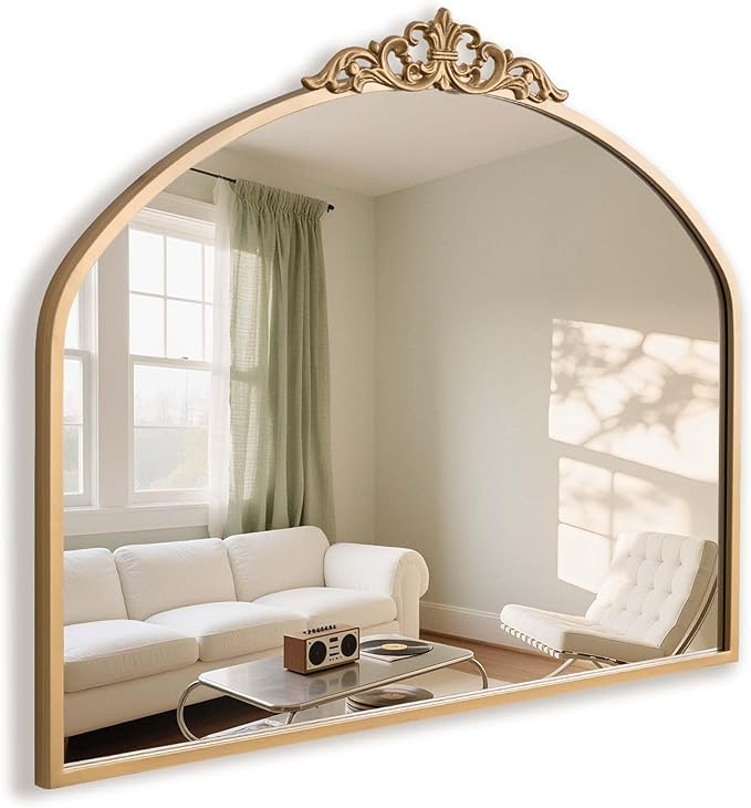 Gold Vintage Arched Wall Mirror 36x29 Antique Baroque Ornate Mirror with Carved Pattern Top and Metal Frame for Bathroom Living Room Entryway Fireplace Hallway