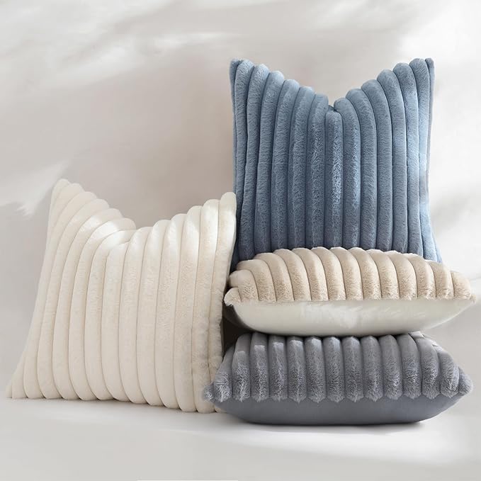 decorUhome Cozy Faux Fur Throw Pillow Covers 20x20 Set of 2 Decorative Soft Plush Striped Modern Farmhouse Boho Couch Pillow Cases with Velvet Back for Sofa Bed Living Room, Grey Blue