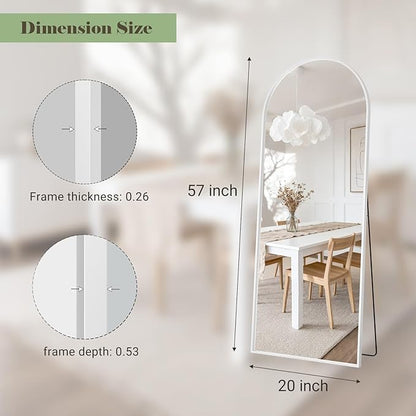 Full Length Mirror - 57" x 20" Arched Floor Mirror/Wall Mounted Aluminum Alloy Frame Full Body Mirrors for Bathroom Living Room Bedroom and Entryway, White