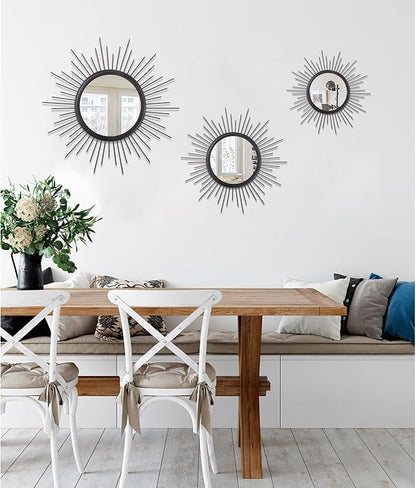 Black Sunburst Spoked Mirrors for Wall Boho Home Round Wall Art Mirror Classic Metal Modern Hanging Mirror Living Room Hallway Bathroom Bedroom Office Vanity Entryway 16"