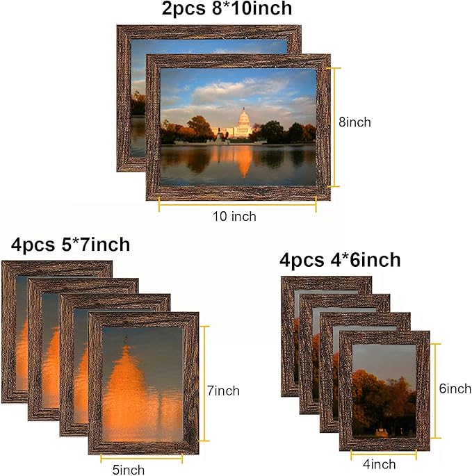 xnlkros Picture Frame Set 10 pack, Farmhouse Photo Frames, Gallery Wall Frame Collage, 8x10 5x7 4x6 Frames in 3 Different Finishes Picture Frames For Wall or Desk,Dark Brown