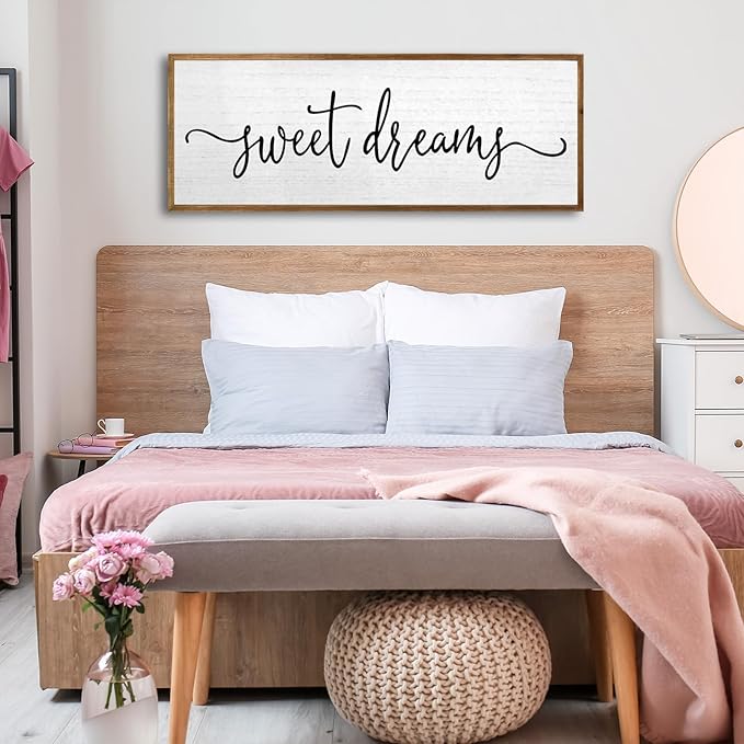 Sweet Dreams Wall Decor Above Bed Sign 24''×10'' Large Wood Framed Master Bedroom Guest Room Sweet Dreams Signs Farmhouse Rustic Wall Art Decoration (Wood)