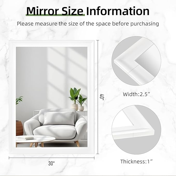Rectangle Mirrors for Wall 30x40 Inch, White Wood Framed Bathroom Mirror with Tempered Glass for Bedroom Living Room Office or Hallway (White, 30x40 in)