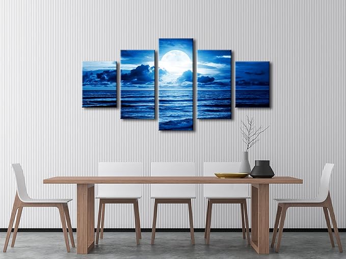 Pyradecor Blue Clouds Modern 5 Panels Moon Sea Beach Canvas Wall Art Large Gallery Wrapped Landscape Giclee Canvas Prints Pictures Artwork Paintings for Living Room Bedroom Home Decorations L