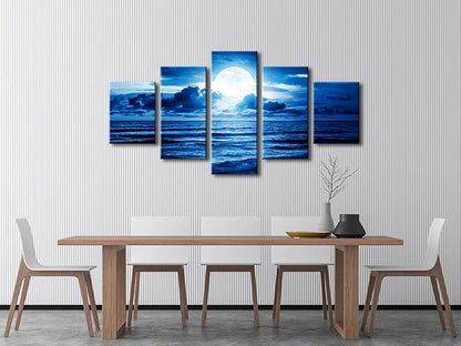 Pyradecor Blue Clouds Modern 5 Panels Moon Sea Beach Canvas Wall Art Large Gallery Wrapped Landscape Giclee Canvas Prints Pictures Artwork Paintings for Living Room Bedroom Home Decorations L