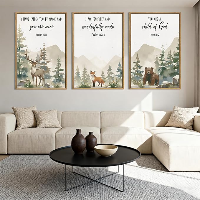 HPNIUB Woodland Animal Christian Framed Wall Art Set,Bible Verse Quote Wall Decor,Nature Forest Religious Art Print,Misty Forest Deer Bear Fox Artwork for Nursery,Kids Bedroom,Study Room-24"x36"x3