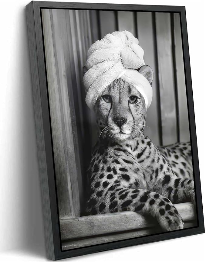 Framed Cheetah Bathroom Canvas Wall Art Trendy Black and White Leopard Painting Picture Wall Decor Poster Print Artwork for Bedroom Living Room Apartment Home Decoration